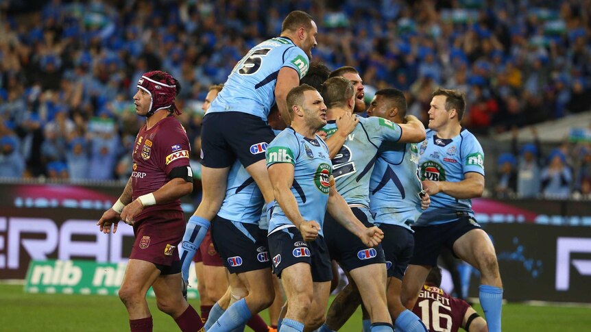 NSW Blues celebrate Josh Dugan's try