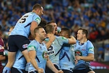 NSW Blues celebrate Josh Dugan's try