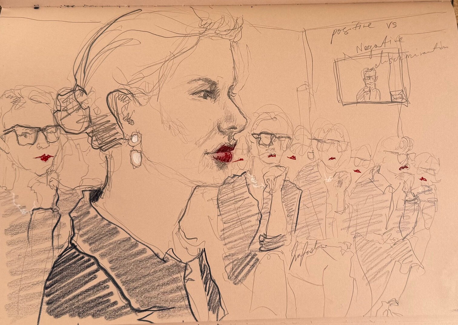 A courtroom sketch of a woman