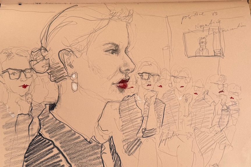 A courtroom sketch of a woman