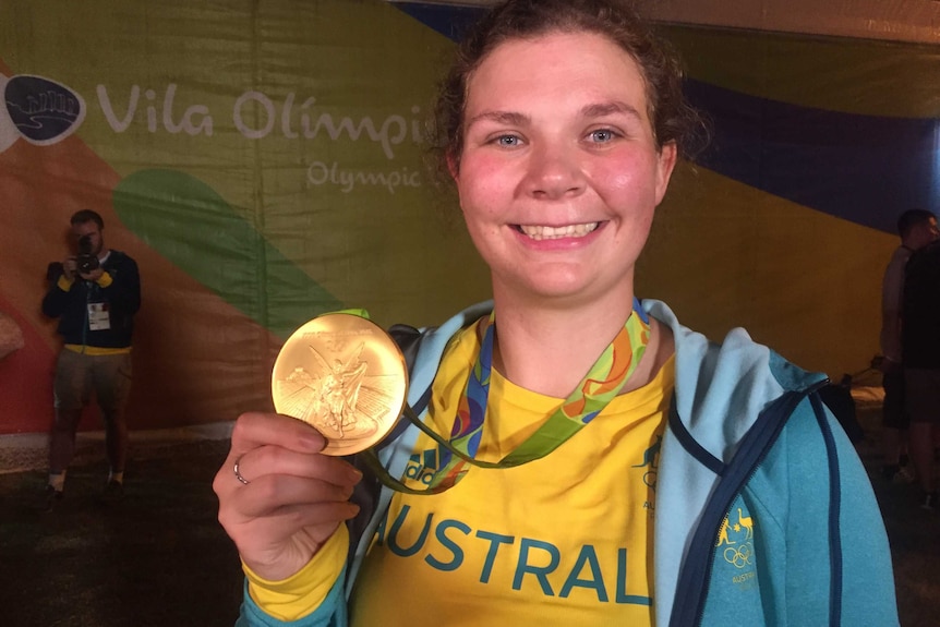 Catherine Skinner with gold medal from Rio Olympic Games