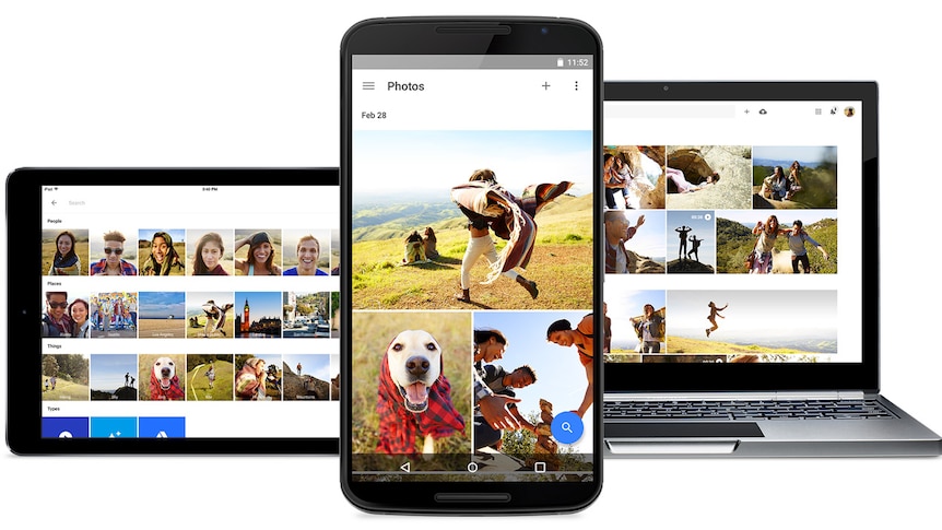 Google Photos running on a mobile phone, tablet and laptop
