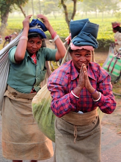 Two women loaded up with tea, in Siliguri