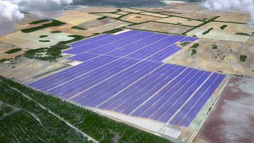 Aerial view of a large solar farm on rural land