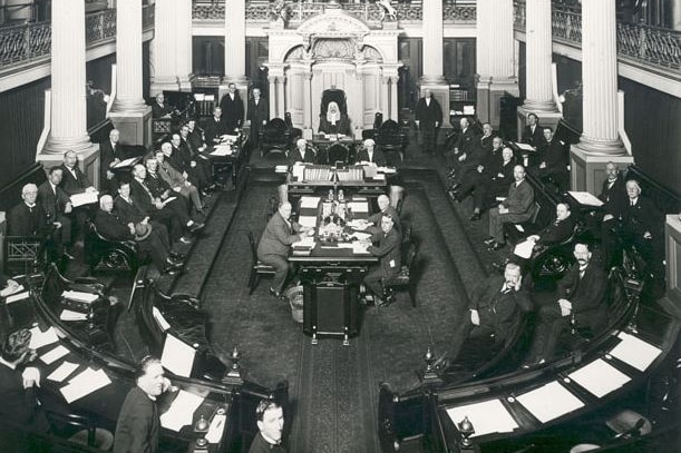 Senators sitting in old parliament house pose for a photo