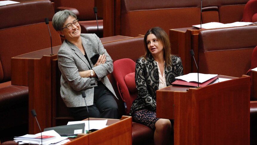Senator Wong is laughing with arms folded as she talks to Senator Lambie, who is sitting on the crossbench.