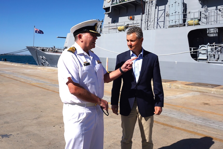 Assistant Minister Matt Thistlewaite with HMAS Stirling naval base Commanding Officer Ken Burleigh.