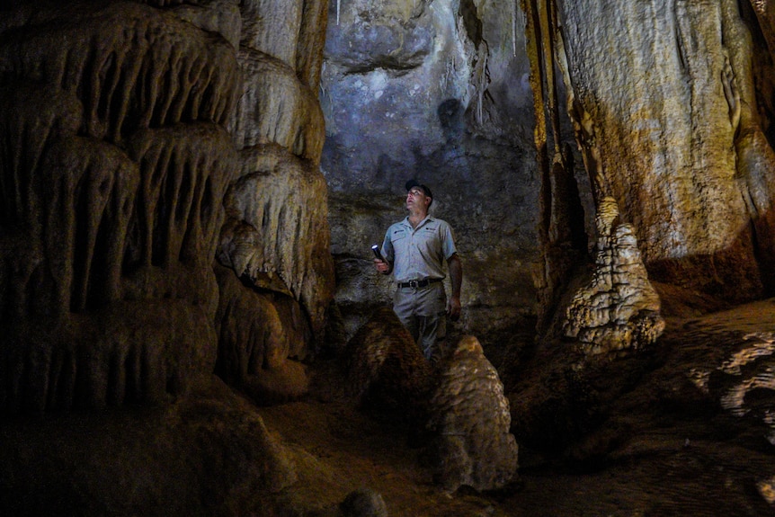 A man in a khaki uniform and hat stands in a dark cave shining his torch light on hanging rock formations.