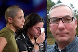 Composite image of Gonzalez consoling a crying girl (L) and a selfie of Gibson (R)
