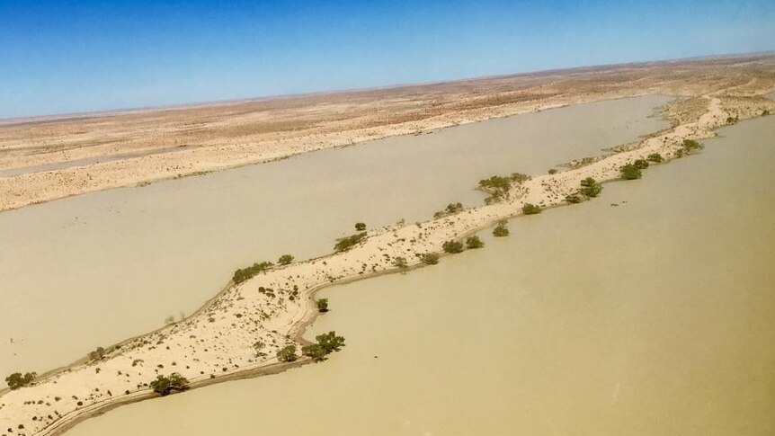 Floodwaters in outback SA approaching Lake Eyre.