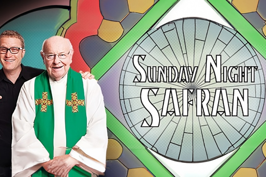 John Safran in black, and Father Bob Maguire in priest rob, stand together. the words Sunday Night Safran is written beside them