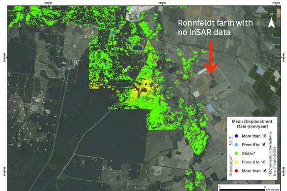 A map of green and yellow representing ground level data near Zena Ronnfeldt's farm from the Arrow Energy approval.