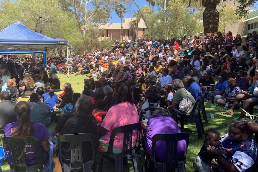 A large crowd of people in the shade on a lawn