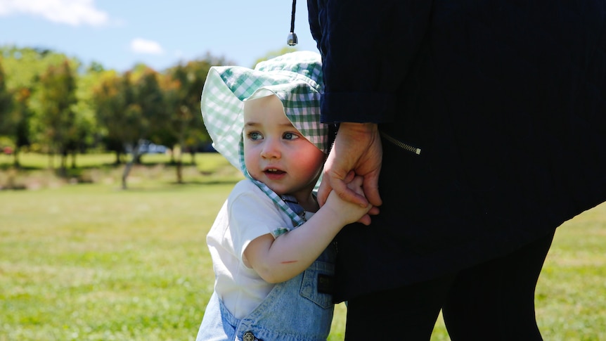 A toddler holds his mother's hand