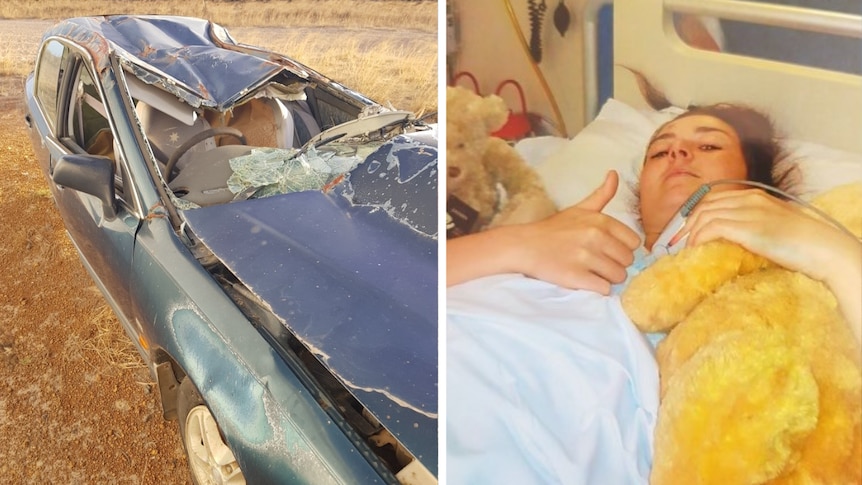 A car wreck and image of a woman lying in hospital bed holding a teddy bear