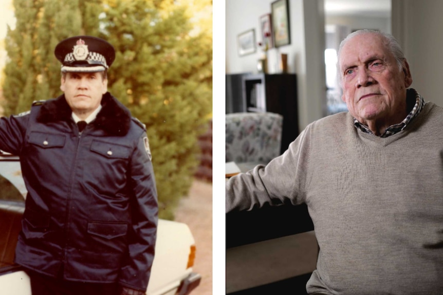 Two side by side photos of a police officer when he was young and now