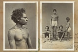 Black and white photos of people standing in a studio