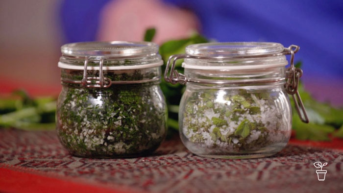 Glass jars filled with herbs and course salt