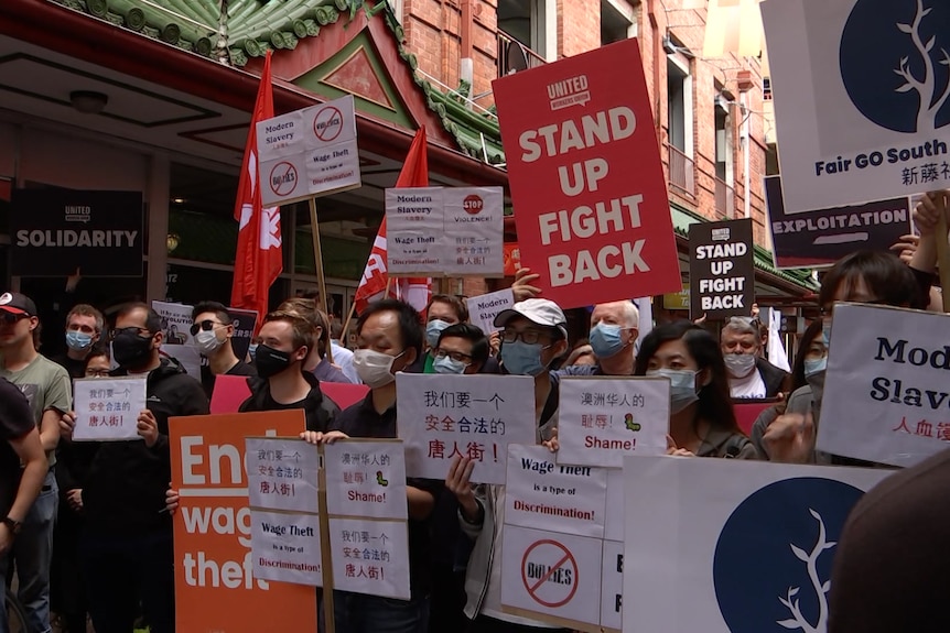 A group of protesters holding signs