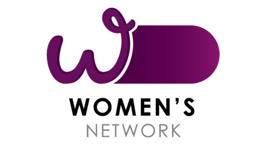 A logo for Women's Network, which features a cursive purple W next to a rectangular shape with a rounded end