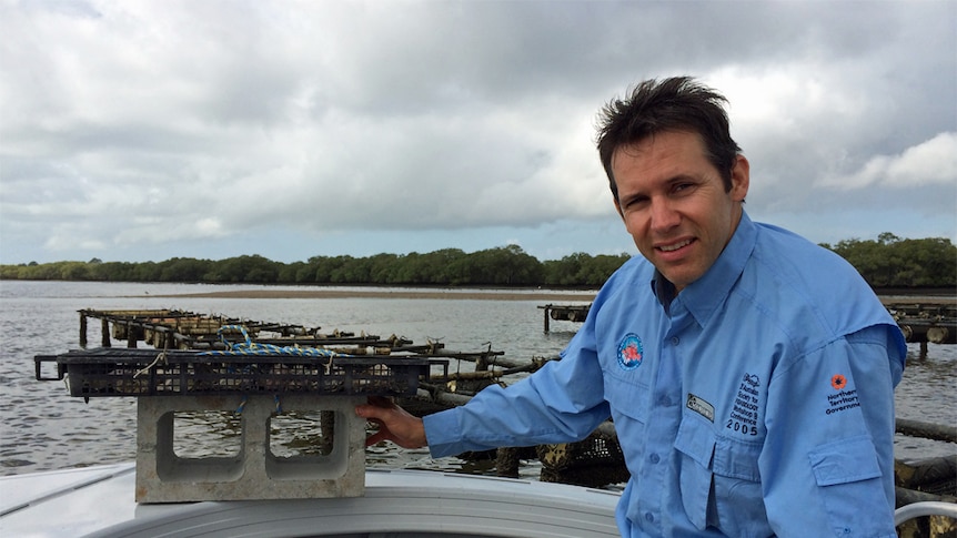 Dr Ben Diggles at the last oyster farm in Pumicestone Passage