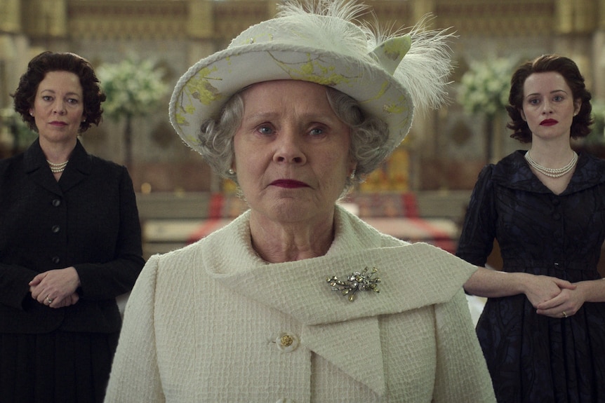 Olivia Colma, Imelda Staunton and Claire Foy in character as differenct versions of Queen Elizabeth II in The Crown