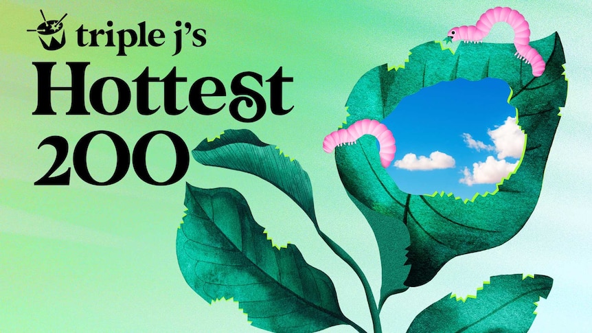 artwork reading triple j's Hottest 200 with pink caterpillars eating into leaves