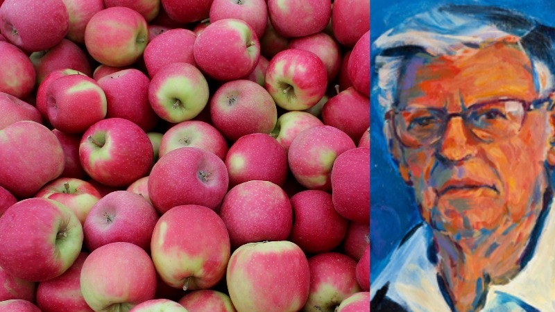 Composite photo of apples and a painting of its inventor.