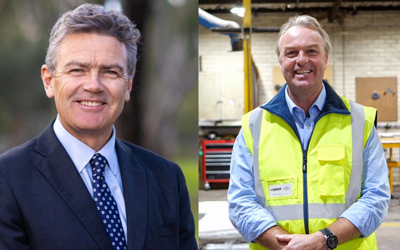 A picture of a man standing outside in a suit next to a picture of a man in high vis standing in a factory .