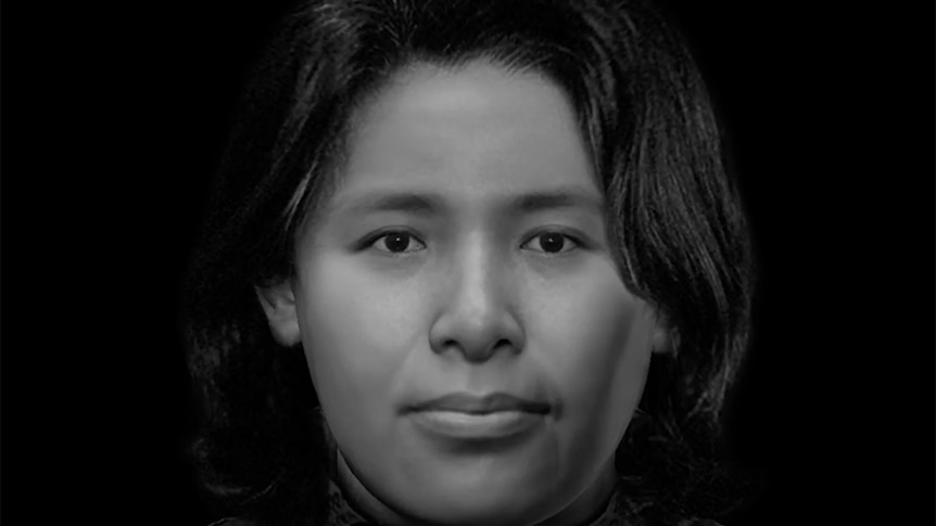 A black and white re-creation of a face of an unknown woman found in The Netherlands.