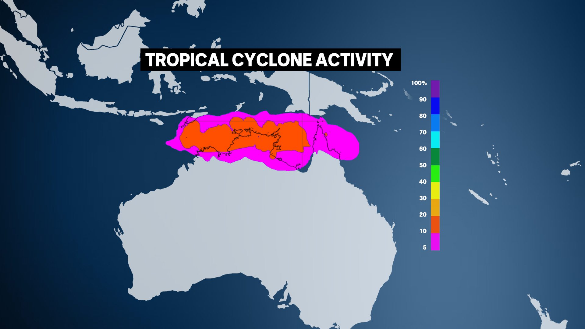 A map of northern Australia, with areas highlighted for a chance of a tropical cyclone across far north Queensland and the NT