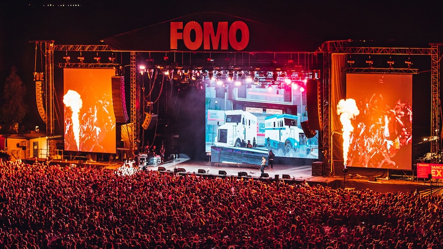 A shot of the main stage at FOMO festival in Sydney, 2019
