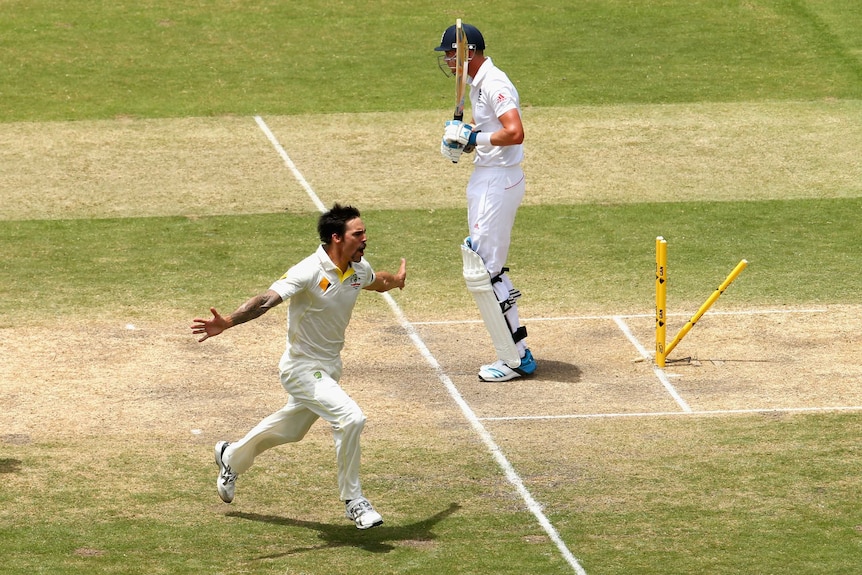 Australia's Mitchell Johnson dismisses England's Stuart Broad in an Adelaide Ashes Test in 2013.