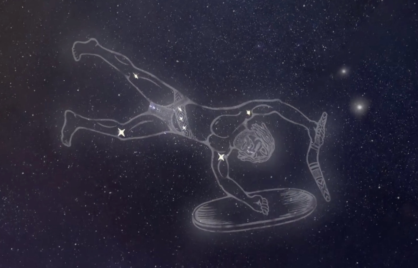 Imagen animada de un cielo oscuro con un guerrero sosteniendo una lanza y un escudo cubierto como si hubiera caído.