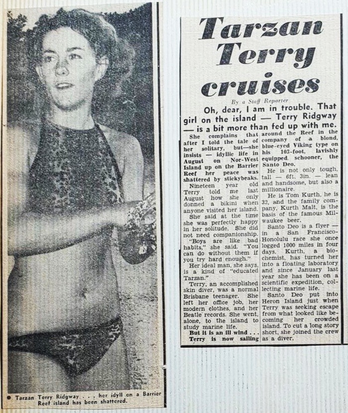 Newspaper clipping in 1960s of Terry (Terrie) Ridgway in a bikini on North West Island.