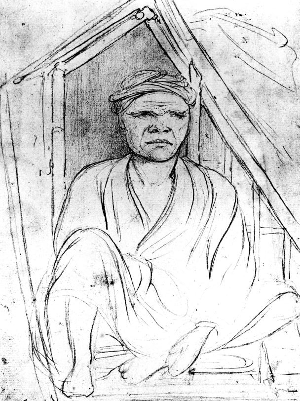 A drawing of a Macassan sea captain sitting in a hut.