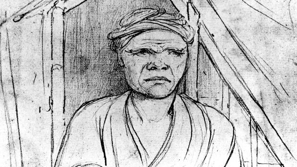 A drawing of a Makassan sea captain sitting in a hut.
