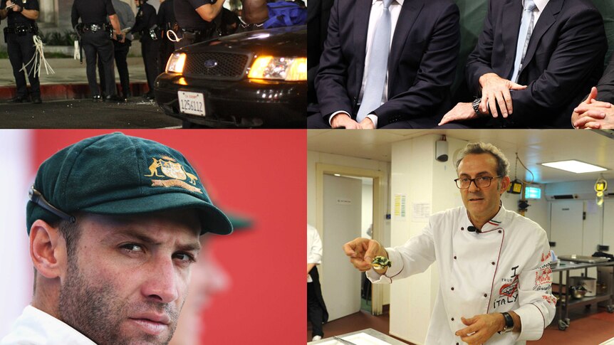 Police in Ferguson, Missouri, Education Minister Christopher Pyne and Tony Abbott, cricketer Phil Hughes, chef Massimo Boturra