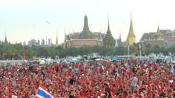 Supporters of fugitive former premier Thaksin Shinawatra protest at Sanam Luang in Bangkok