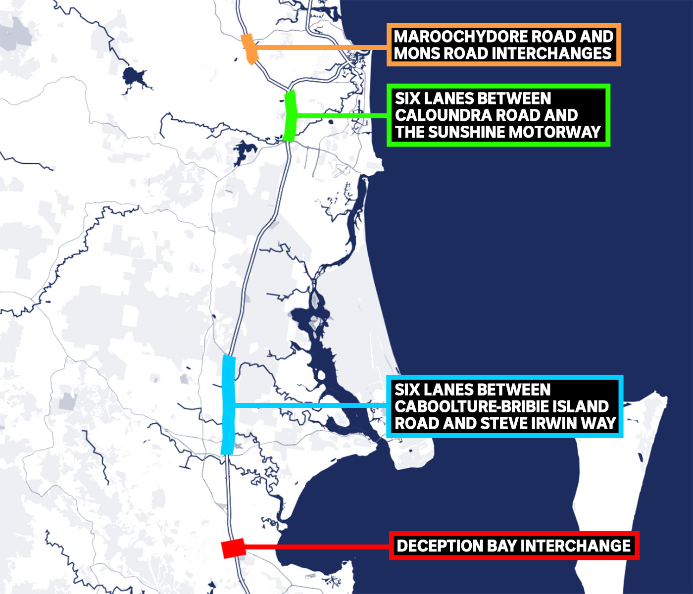 Map showing four locations where roadworks is occurring on the Bruce Highway