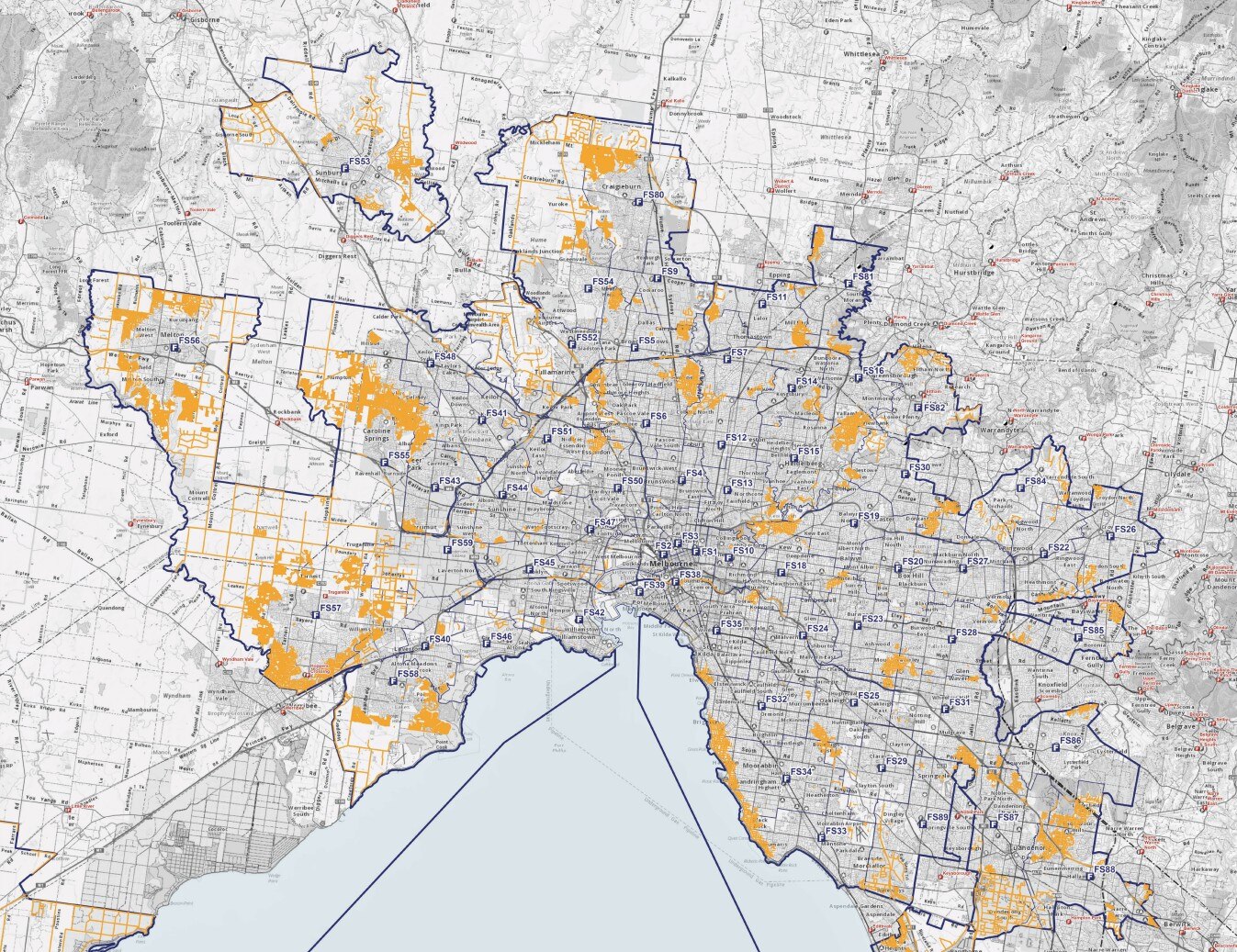 Fire trucks can't get to the highlighted suburbs within the required time because of their distance from fire stations.