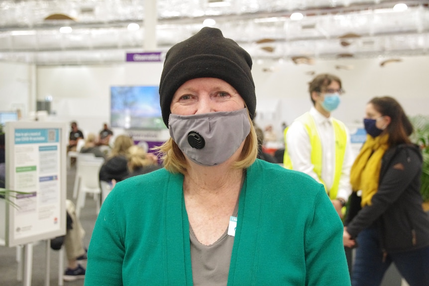 Judy Hunt wearing a face mask at the Belmont mass vaccination hub