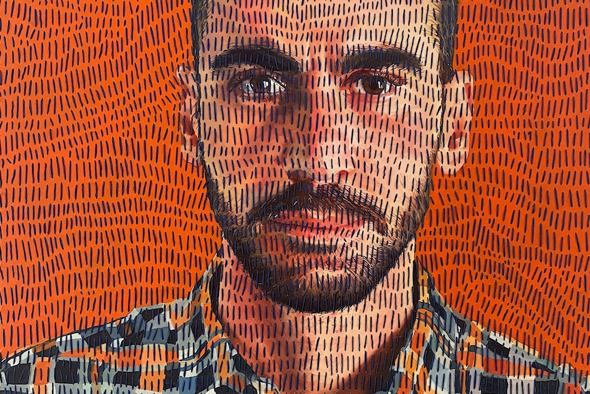 An oil painting of a man with a serious gaze, thick eyebrows, brown beard on an orange background