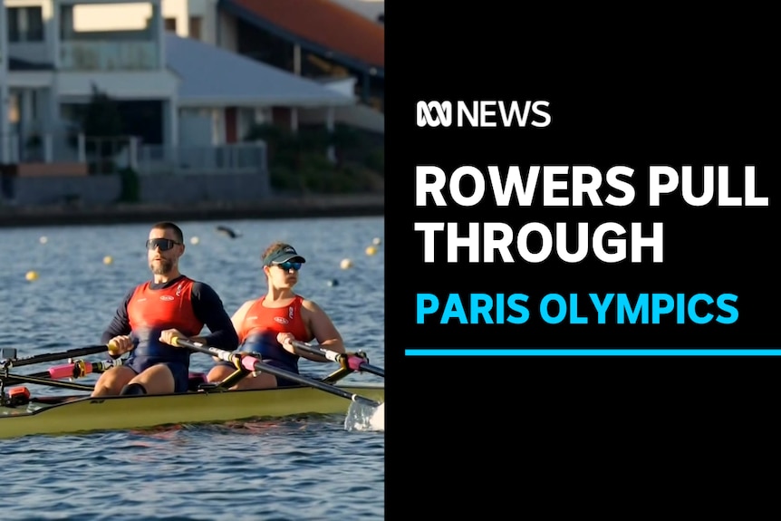 Rowers Pull Through, Paris Olympics: Two rower pull back through their stroke on the water infront of housing.