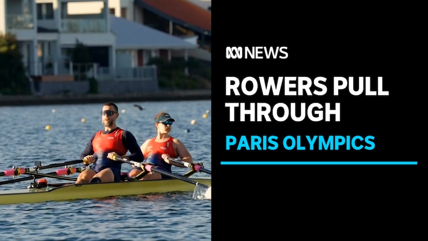 Rowers Pull Through, Paris Olympics: Two rower pull back through their stroke on the water infront of housing.