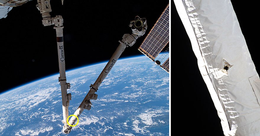 一块太空垃圾撞击国际空间站机械臂造成的损伤。