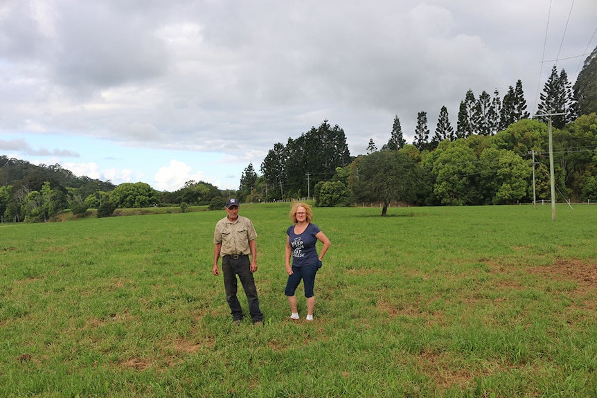 Jim and Debra Allard on their dairy farm next to power poles.