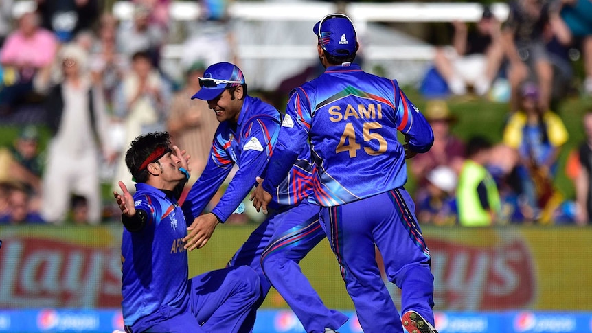 On a high ... Afghanistan celebrate during its win over Scotland
