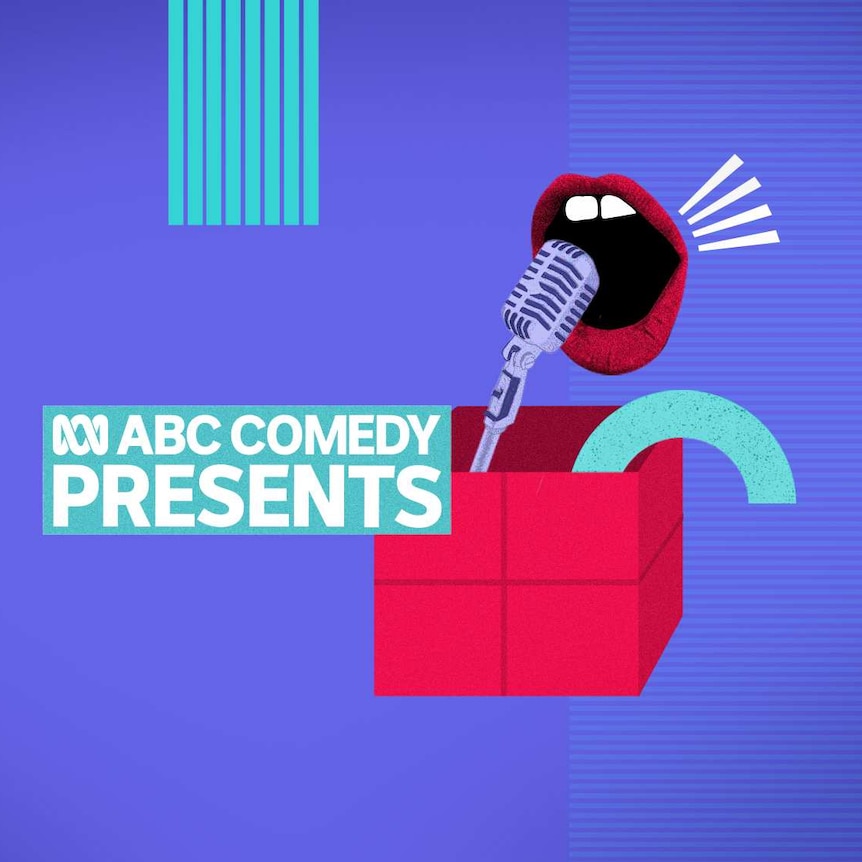 ABC Comedy Presents logo featuring a red mouth, box and microphone on a purple background.