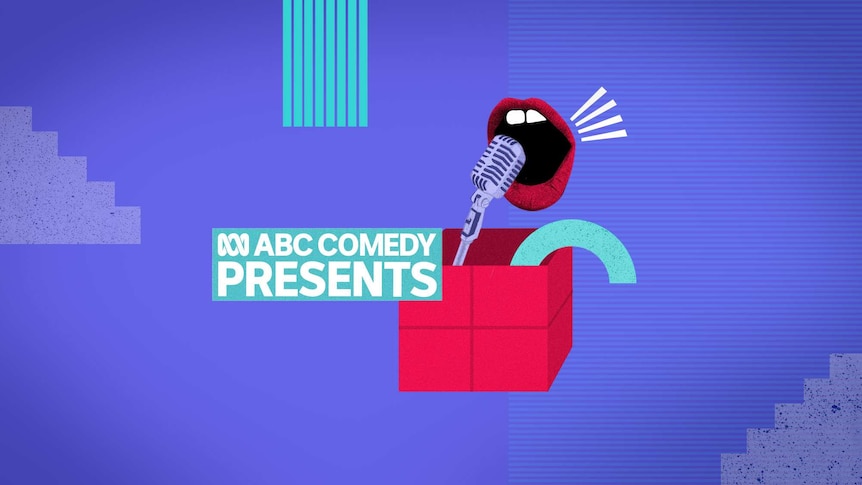 ABC Comedy Presents logo featuring a red mouth, box and microphone on a purple background.